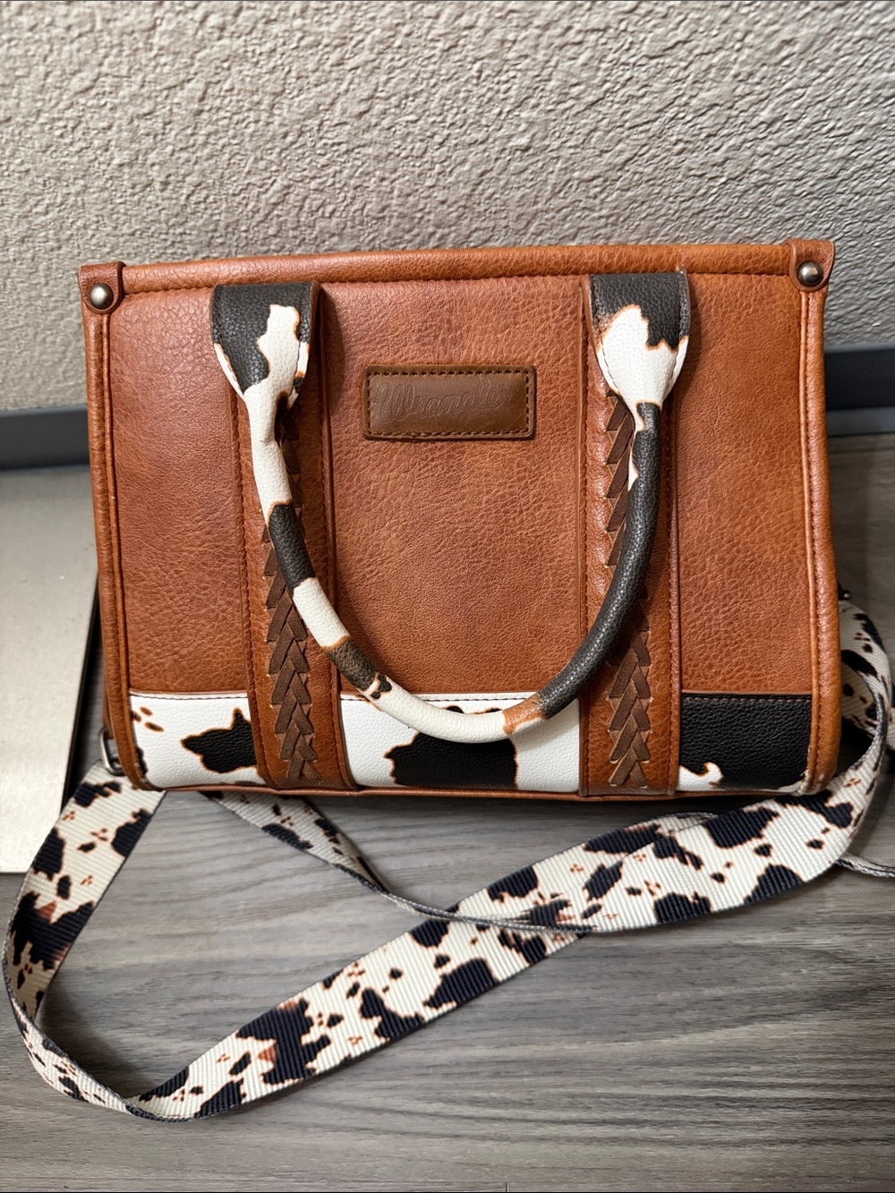 Wrangler Brown Satchel with Cow-Print Accent